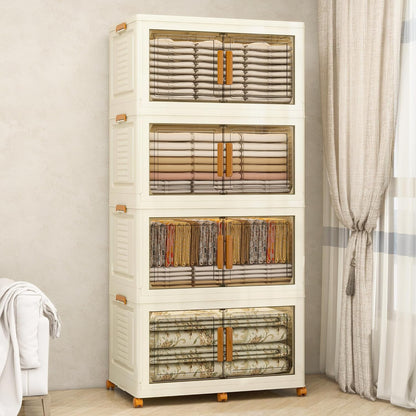 Plastic Stackable Storage Bins with Lids and Wheels, Foldable Closet Organizers and Storage Containers for Bathroom, Collapsible Clear Drawer Storage Cabinet with Doors White 38Gal 4Tiers