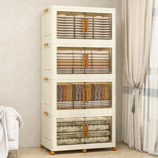 Plastic Stackable Storage Bins with Lids and Wheels, Foldable Closet Organizers and Storage Containers for Bathroom, Collapsible Clear Drawer Storage Cabinet with Doors White 38Gal 4Tiers