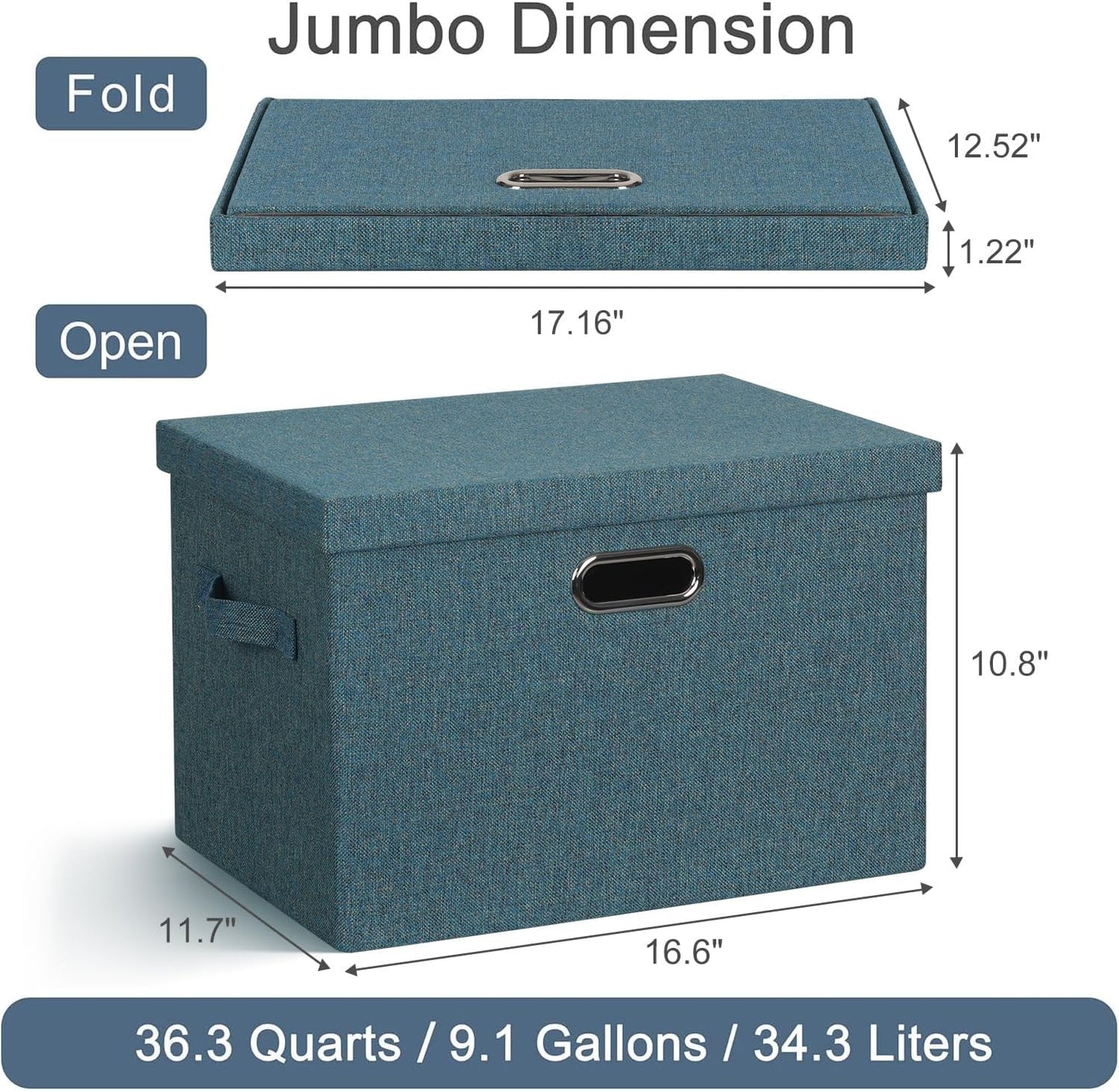 Large 17" 36 Quart Collapsible Stackable Storage Bins with Lids, 3 Packs Blue-Green Linen Fabric Closet Boxes with Lids, Storage Cube Baskets Container Organizers for Bedroom (17x12x11)