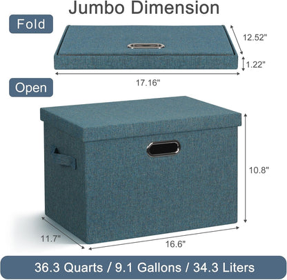 Large 17" 36 Quart Collapsible Stackable Storage Bins with Lids, 3 Packs Blue-Green Linen Fabric Closet Boxes with Lids, Storage Cube Baskets Container Organizers for Bedroom (17x12x11)