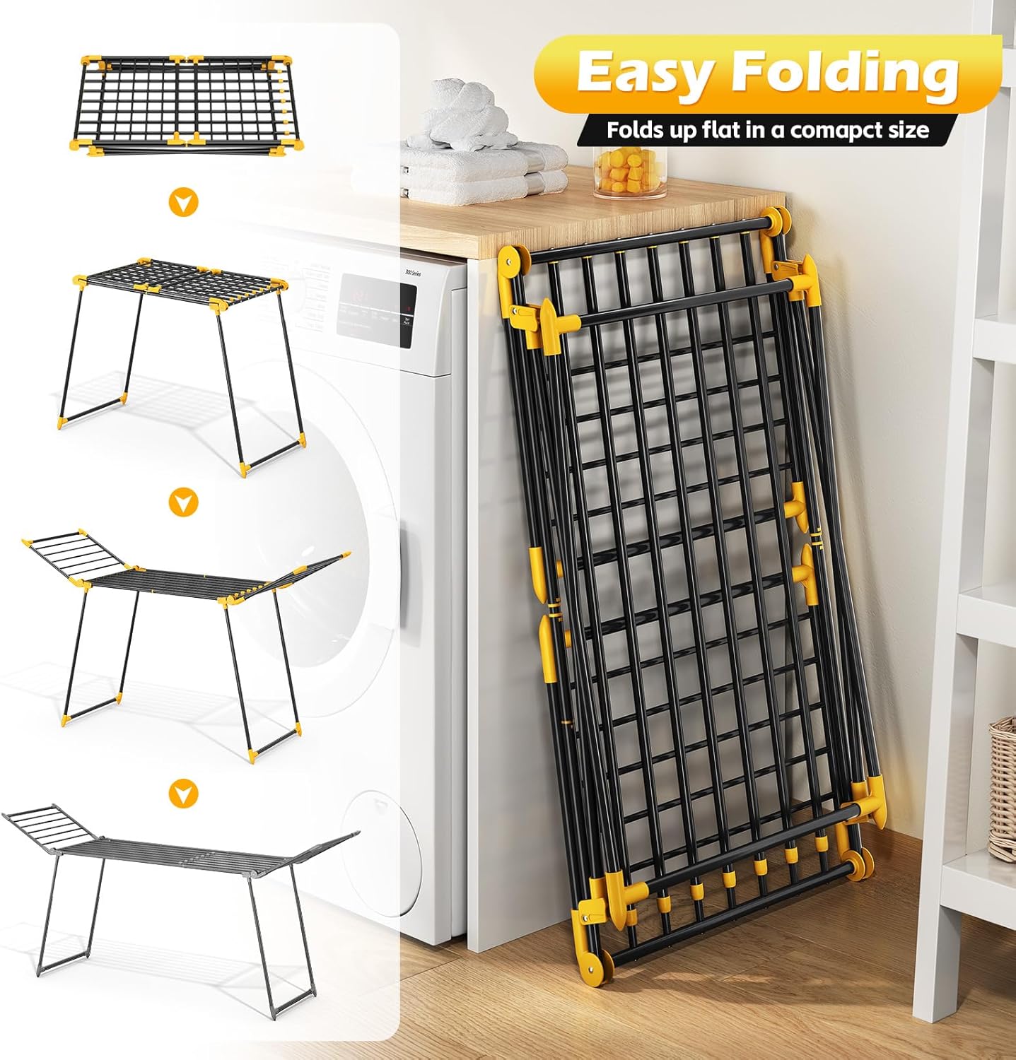 APEXCHASER Clothes Drying Rack Foldable, Large Drying Rack Clothing Retractable, Metal Clothes Airer for Bedding Towel Sweater Heavy Duty, Indoor Outdoor Use, 21.9"W x 100"L x 39"H, No Assembly,Yellow
