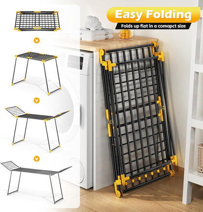 APEXCHASER Clothes Drying Rack Foldable, Large Drying Rack Clothing Retractable, Metal Clothes Airer for Bedding Towel Sweater Heavy Duty, Indoor Outdoor Use, 21.9"W x 100"L x 39"H, No Assembly,Yellow