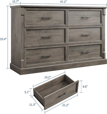 GAOMON Grey 6 Drawer Dresser for Bedroom, Farmhouse 47.2" Wide Chest of Drawers with Metal Handles, Rustic Double Wood Dresser, Storage Dressers Organizer for Living Room, Nursery