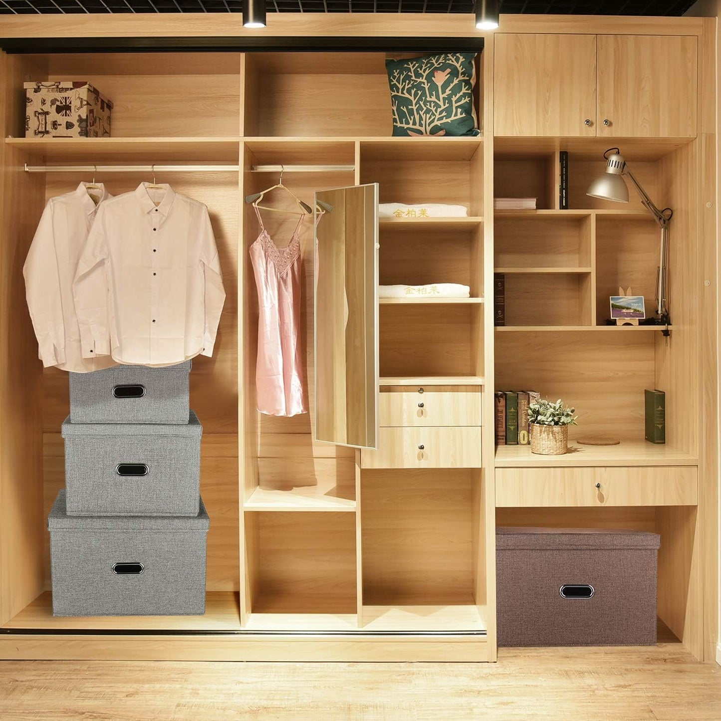 Linen Fabric Collapsible Storage Bins with Removable Lids and Handles, Washable Storage Box Containers Baskets Cube with Cover for Bedroom,Closet,Office,Living Room,Nursery (Khaki, Small)