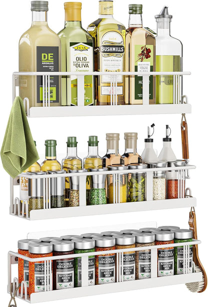 Spice Rack Wall Mounted 3 Pack, Space-Saving Spice Organizer for Spice Jars and Seasonings,Screw or Adhesive Hanging Spice Rack Organizer for Your Kitchen Cabinet,or Pantry Door White