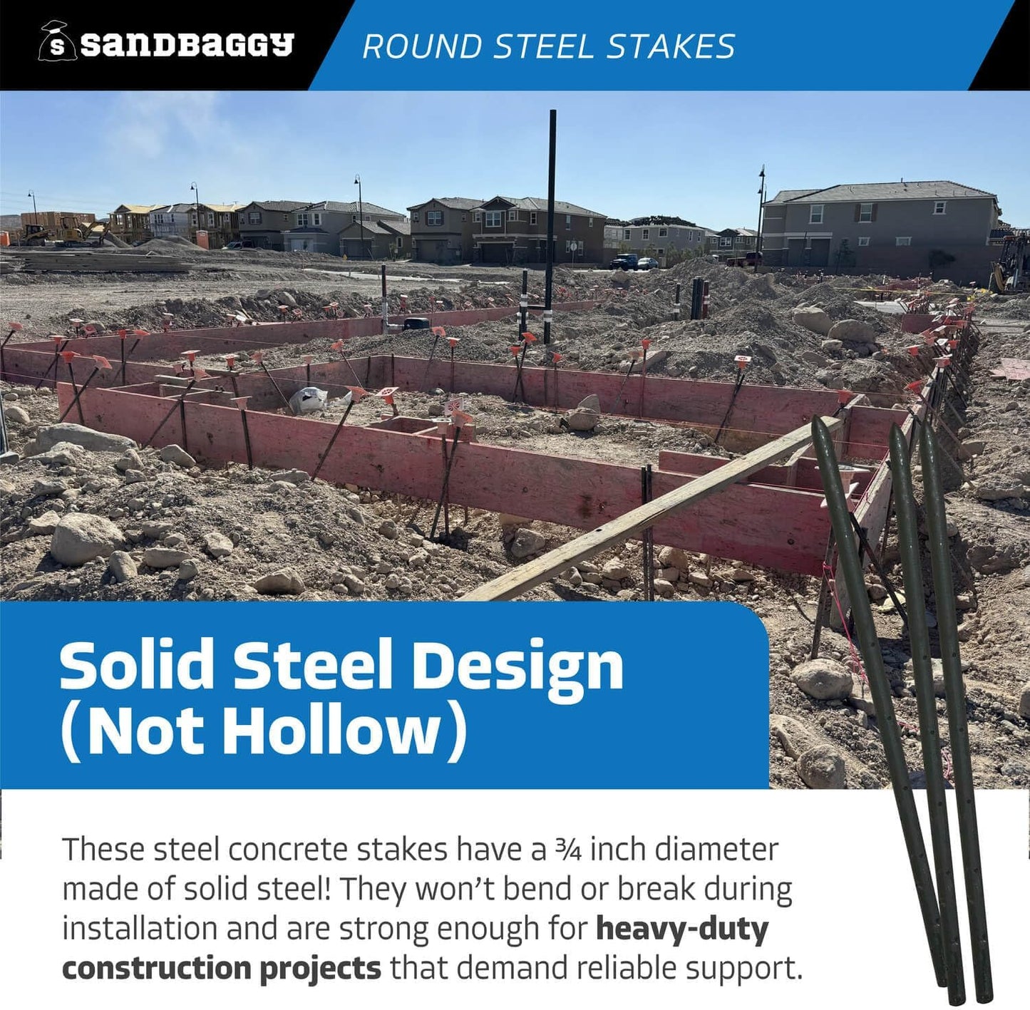 Sandbaggy Round Steel Concrete Form Stakes with Nail Holes - Rust Resistant Coating - Removable, Reusable (5, 3/4 in X 24 in)