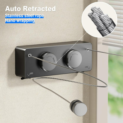 Retractable Twin Clothesline Indoor, Non-Sagging Outdoor Clothes Line Retracting Heavy Duty Clothes Drying Laundry Line Wall Mounted Stainless Steel Line-13.8Feets(Double Line-Black)