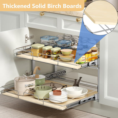 ROOMTEC 2 Tier Individual Pull Out Cabinet Organizer 31½"W x 21½"D, Slide Out Wood Shelves Organizers, Pull Out Drawers Organization and Storage for Kitchen Cabinet