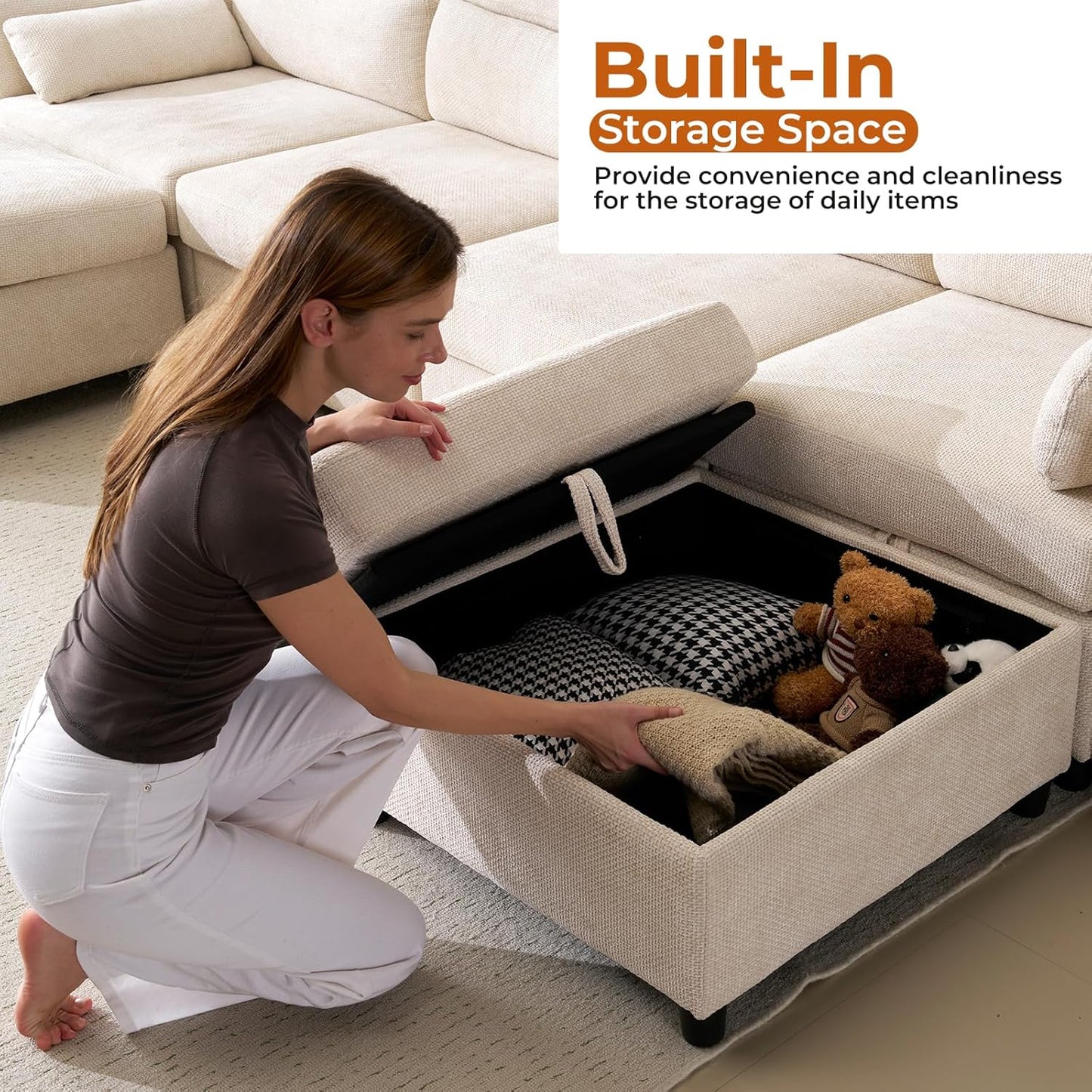 132'' Oversized Modular Sectional Sofa, L Shaped Comfy Cloud Sectional Couch with Storage, 5 Seat Extra Deep Seat Modular Sofas with Throw Pillows for Living Room, Beige