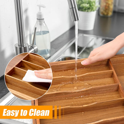 Bellsal Large Premium Acacia Wood Silverware Organizer - Expandable Utensil Drawer Organizer - 17"x19.6" Utensil Holder and Cutlery Tray with Grooved for Kitchen Flatware Utensils(7-9 Slot, Acacia)