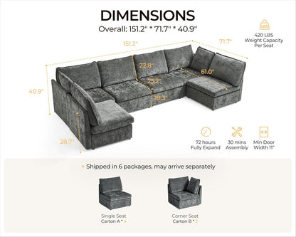 Oversized Modular Sofa Comfy Cloud Couch with Storage, Extra Deep Plush Sectional Sofa Set for Living Room, Covers Washable, Chenille, Olar (Grey, 6-Seater with 2 Corners, u-Shaped)