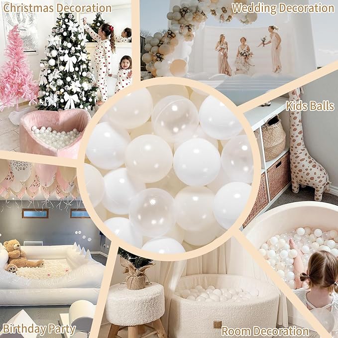GOGOSO Ball Pit Balls Plastic Playballs for Baby Toddlers Kids Boys Girls Playhouse Decor Play Pool Fun Phthalate-Free BPA-Free Bath Toy White Beige Transparent,100 Balls