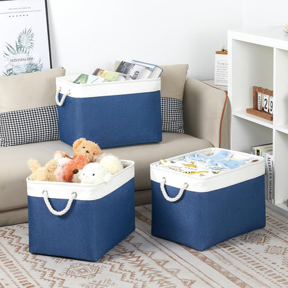 Bidtakay Large Storage Baskets for Shelves 3 Pack Fabric Storage Bins for Organizing Navy Blue Decorative Baskets Linen Collapsible Organizer for Closet