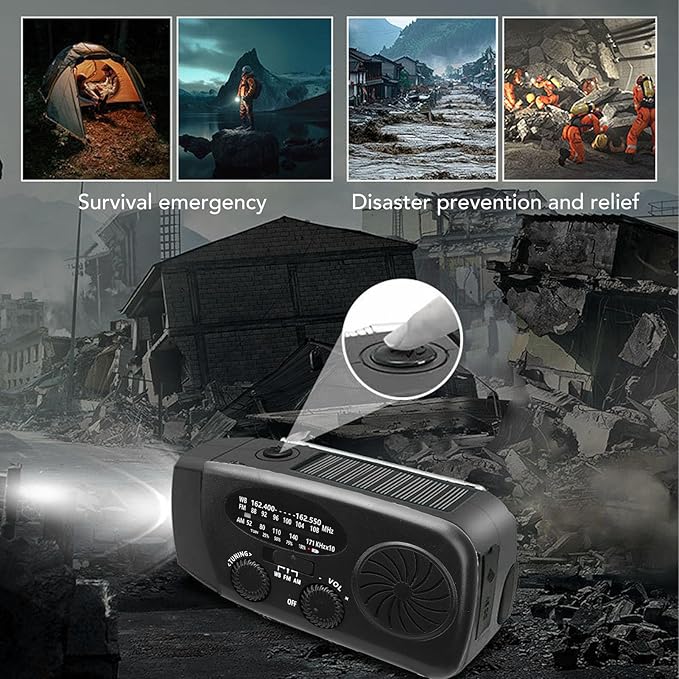 Solar Hand Crank Radio, 6000mAh Portable Emergency FM AM WB Weather Radio with LED Flashlight for Home Outdoor (Black)