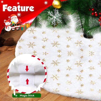 Christmas Tree Skirt 48Inch, Holiday Part Decorations for Christmas Tree, Whit Plush Glod Sequin Snowflake Tree Shirt for Xmas