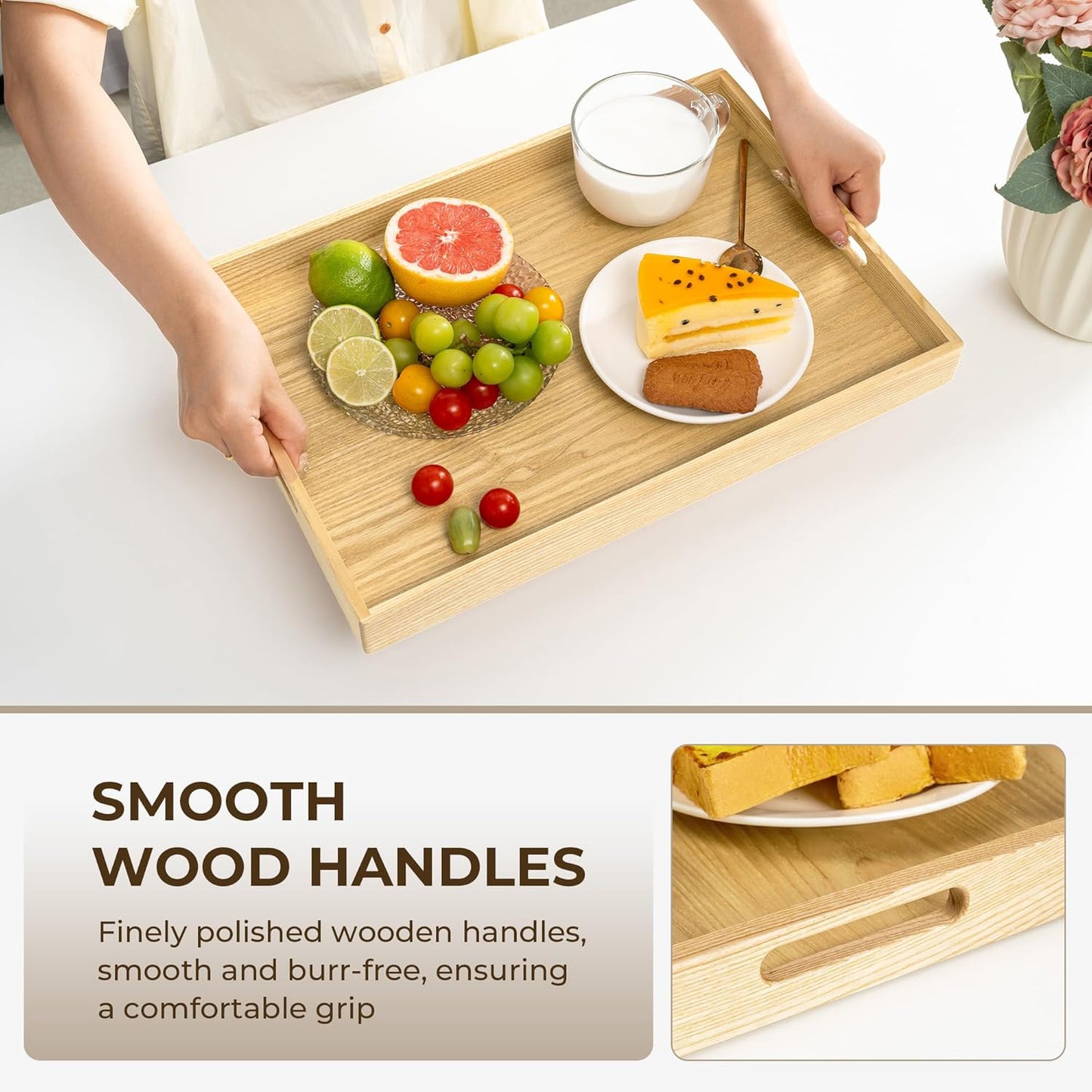 Axeman Wooden Serving Tray with Wood Handles|Ottoman Tray for Breakfast, Bed, Couch|17x12in Ash Wood Coffee Table Trays|Food Drinks Decorative Storage Boards for Ottoman Kitchen, Natural