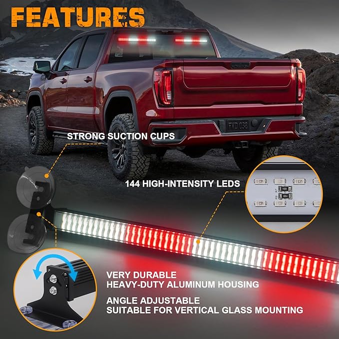 XRIDONSEN 2 in 1 Red White Traffic Advisor Light Bar 2x17.7 inch 144 LED Warning Safety Strobe Interior Front Windshield Rear Window Emergency Volunteer Firefighter Lights for Vehicles POV Fire Trucks