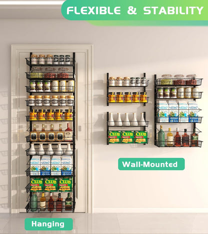 10-Tier Over The Door Pantry Organizer, Pantry Organization and Storage, Black Metal Hanging Adjustable Basket, Wall Spice Rack Seasoning Shelves, Home & Kitchen Essentials