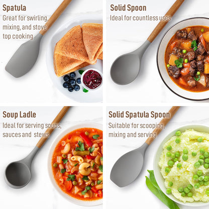 Zulay Kitchen Utensils Set Non-Stick Silicone Cooking Utensils Set with Authentic Acacia Wood Handles - 8 Piece Set - Silicone Kitchen Utensils Set with 464°F Heat Resistance - Gray