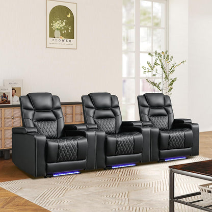 ANJ Power Home Theater Recliner Chair Set of 3, Electric Movie Theater Seating Reclining Chairs with Cup Holders for Living Room, Faux Leather with Blue LED, USB Ports, Hidden Arm Storage (Black)