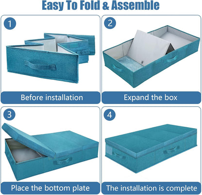 Underbed Storage Containers Bin with Lids (2pcs) Large Under Bed Storage Organizer Box with Handle, Foldable Under the Storage Bags for Organizing Clothes, Shoes, Blankets, Pillows-Cyan blue