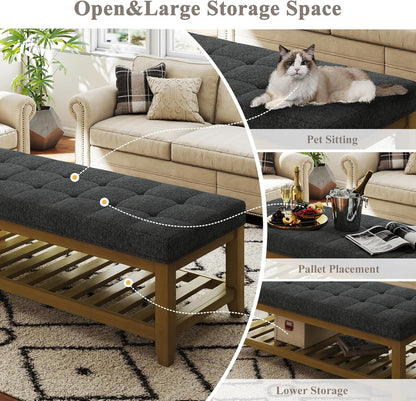 Large Rectangular Upholstered Ottoman Bench, Linen Tufted Footrest Ottoman with Solid Wood Shelf Storage Coffee Table for Bedroom Living Room, Dark Gary