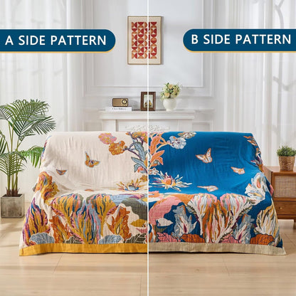 100% Cotton Boho Throw Blanket, King Size Living Room Reversible Fall Throw Blanket, Boho Floral Bird Colorful Retro Quilt Ultra Soft Reversible Gauze Blanket for All Season, 90"x98"