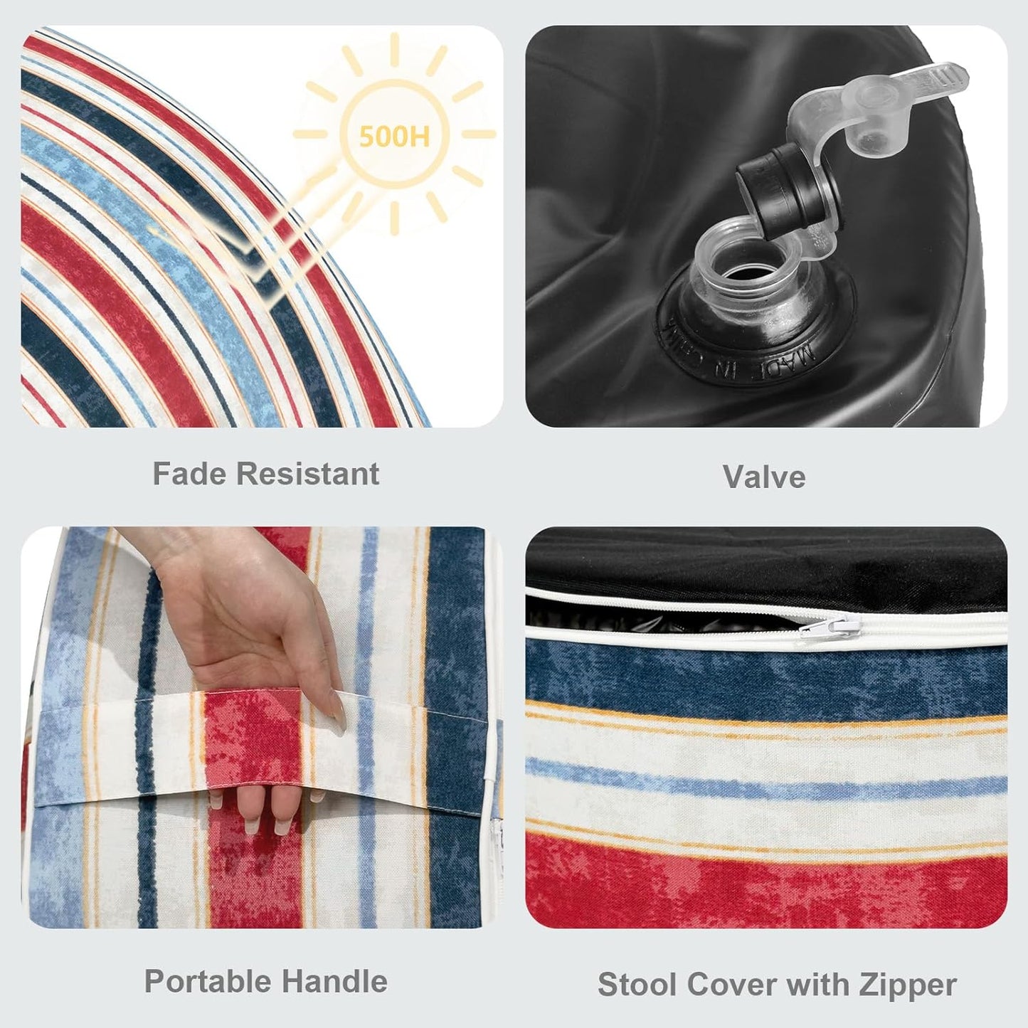 LVTXIII Outdoor Inflatable Ottoman, Fade-Resistant Round Footrest Stool D31”x H14”, Portable Patio Pouf for Garden Camping or Home Use, Stripe Red Blue