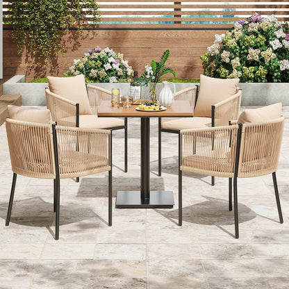 Soohow 5 Pieces Outdoor Dining Set for 4, Patio Table and Chairs Set 4 X Rattan Wicker Patio Chair with Cushions and 1 X Outdoor Table Plastic Wooden Top for Lawn, Deck Backyard, Poolside