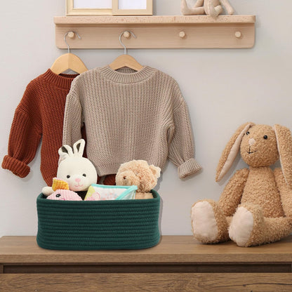 Small Woven Storage Baskets 12“X8”X5“ Decorative Rope Bins for Organizing Shelves, Closets, and Toys, Empty Gift Baskets, Cute Organizer Basket for Home and Office (dark green, regular)