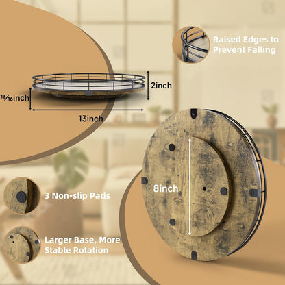 Lazy Susan Turntable Organizer for Table Top, 13’’ Round Wooden Lazy Susan for Cabinet Kitchen Countertop Pantry Dining Coffee Table for Condiments Spices, Rustic Bathroom Vanity Tray for Soap Candle