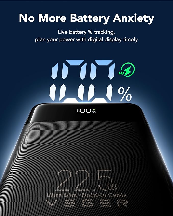 VEGER Portable Charger with Built in Cables, Slim 10000mAh PD 22.5W Fast Charging USB C Power Bank, 4 Outputs 3 Inputs Battery Pack Compatible with iPhone 16 15 14 13 Samsung iPad - Travel Essential