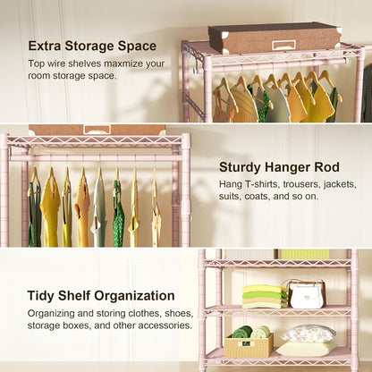 Ulif E1 Heavy Duty Closet Garment Rack, 6 Tiers Adjustable Metal Freestanding Expandable Clothing Storage with 4 Hanger Rods, Easy to Assemble Wardrobe, 71.4" H x (70" - 88.2") L x 14" D, Pink