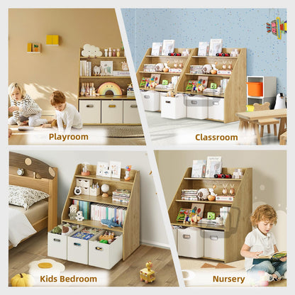 Kids Bookshelf and Toy Organizer, 3-Tier Toy Storage Organizer with 3 Movable Drawers, Montessori Toy Shelf, Nursery Book Shelves Toddler Bookshelf for Kids Room Living Room Nursery