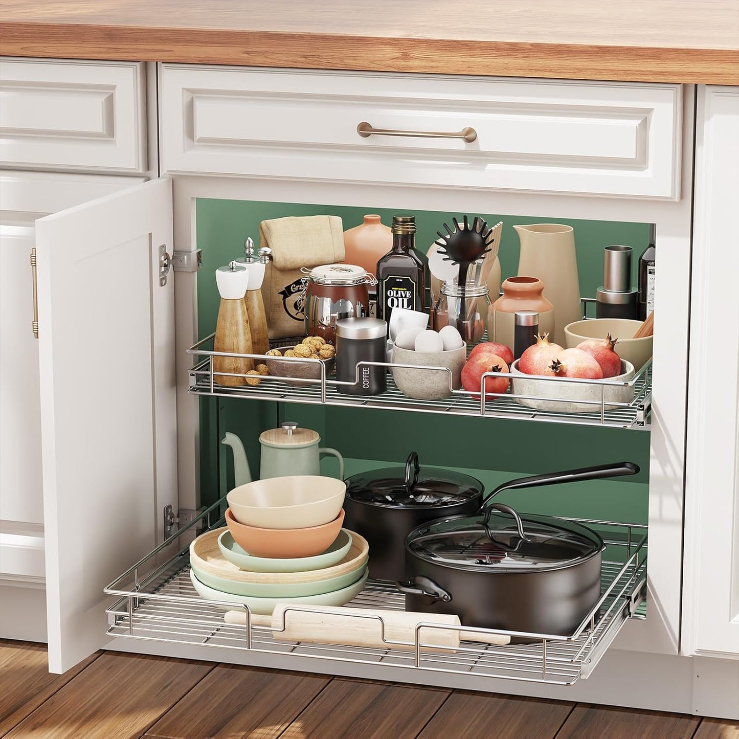 LOVMOR 2 Tier 31½"W x 21½"D, Individual Pull Organizer Kitchen Cabinet Storage Sliding Shelves