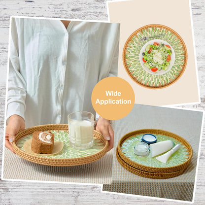 Round 12" Rattan Serving Tray with Mother of Pearl Inlay, Decorative Wicker Tray with Wooden Base for Coffee Table, Bread, Fruit, Food Display and Storage (Leaf)