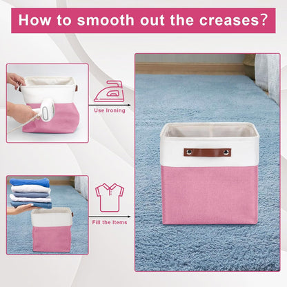 Collapsible Fabric Storage Cubes 11x11 Cube Storage Bins, 4 Pack Closet Baskets Box with Handles for Organizing, Shelf, Toys, Clothes, Home, Office, Nursery (Pink&White)