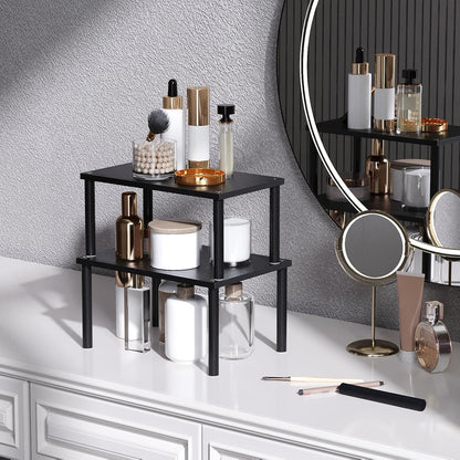 Cabinet Organizer Shelf(Set of 2),Kitchen Counter Shelves,Bamboo Spice Rack Countertop and Cabinet,Stackable Expandable,Medium(Black)