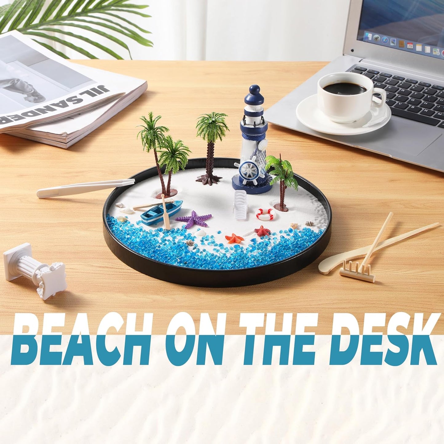 Zen Garden for Desk, Holiday Island Theme Sand Box Kit, Garden Meditation, Stress Relief Gifts, Home Office Desk Decoration.