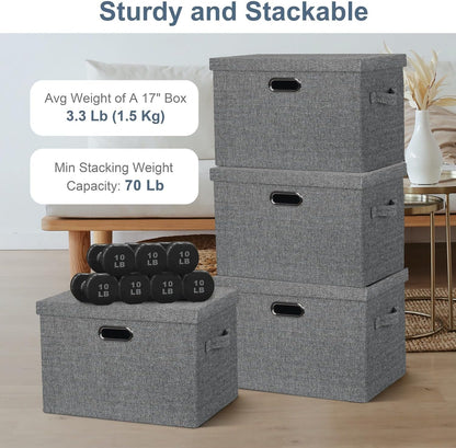 Large 17" 36 Quart Collapsible Stackable Storage Bins with Lids, 3 Packs Black and White Mix Linen Fabric Closet Boxes with Lids, Storage Cube Baskets Container Organizers (17x12x11)