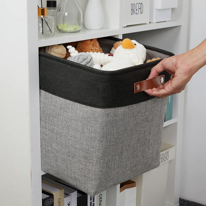 DULLEMELO Storage Bins for Organizing,Closet Storage Baskets for Gift Empty,Large Linen Canvas Storage Bins with Handles for Home Office Toys Shelves(Black&Grey, 13 inch Cube)