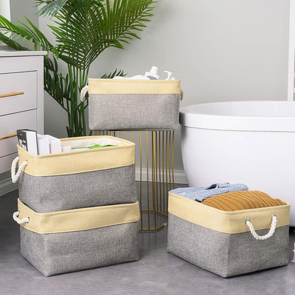 TheWarmHome Storage Basket for Organizing - 3 Pack 14x10x7 inch Large Collapsible Storage Bin for Shelves, Fabric Storage Cubes for Organizer ClosetCloth Gift Toy (Grey & Gold)