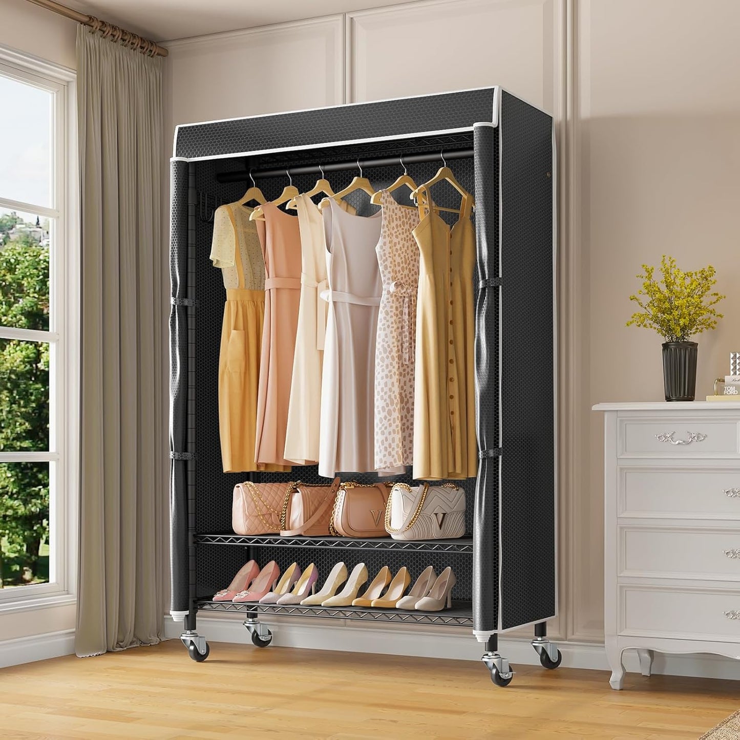 VIPEK R3C Rolling Clothes Rack with Cover Portable Closet for Hanging Clothes, Heavy Duty Garment Rack Freestanding Racks with Wheels&Side Hooks, Black Rack with Black Upgraded Polyester Cover