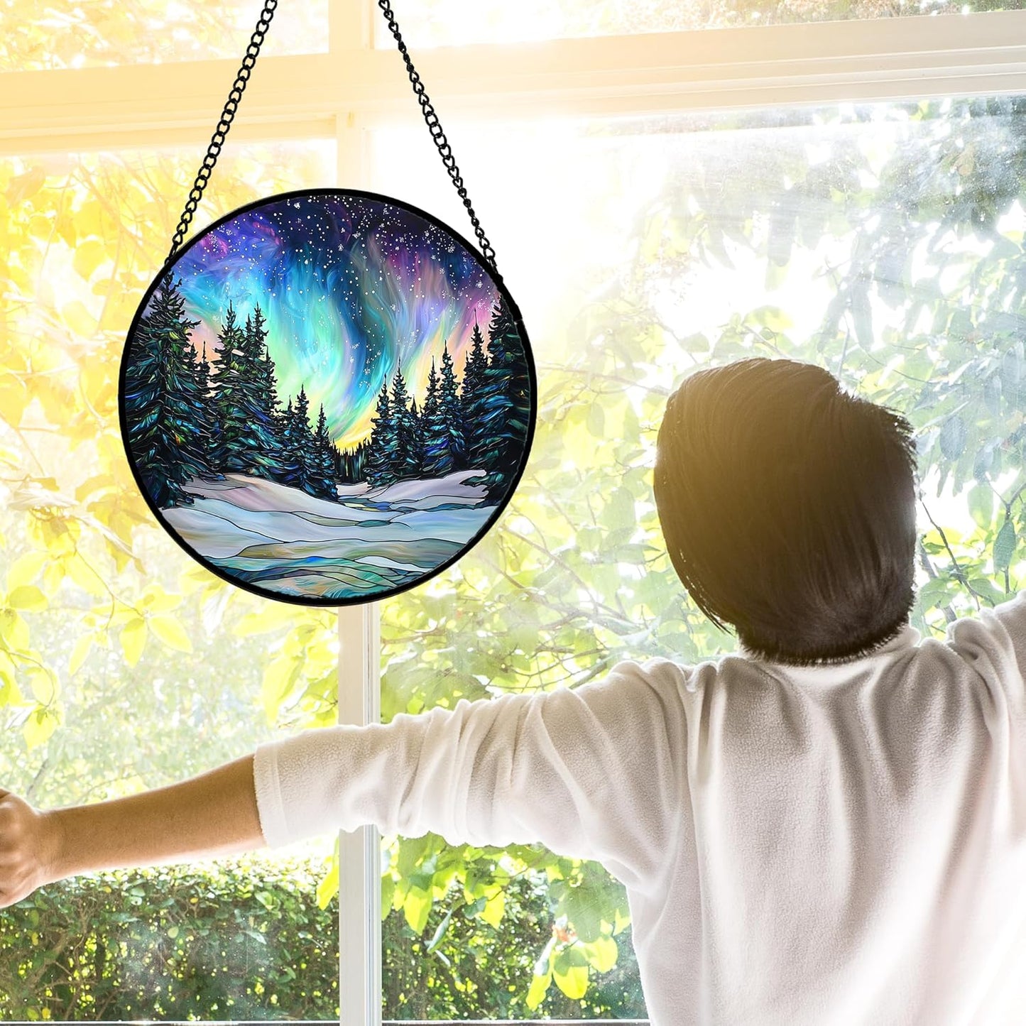 Stained Glass Window Hanging, Aurora Landscape Sun Catchers Glass Panel Green Trees Suncatcher Decor for Birthday for Women, Men, Wife, Aunt, and Mom 7.8 in