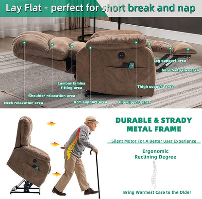 VIVIJASON Large Dual OKIN Motor Power Lift Recliner Chair for Elderly Big Man, 180° Lay Flat Electric Recliner with Heat & Massage, Infinite Position, 2 Remote Controls, Side Pockets & USB Port, Brown