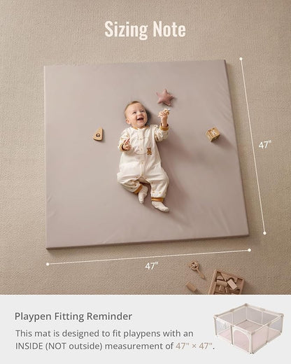 Blissful Diary Vegan Leather Baby Play Mat, 47x47 Thicken Foam Cushioned & Waterproof Playpen Mat for Infants and Toddlers, Stylish and Just Wipe-Clean Playmat for Baby Play on Floor, Brown Gray