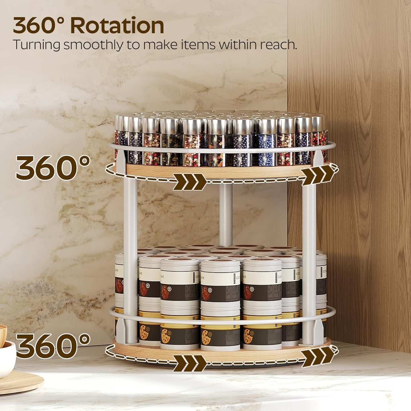 Lazy Susan Organizer, Rotating Spice Rack, 2 Tier Spice Turntable Organizer, Industrial Turntable Spice Holder, for Kitchen Countertop, Compact and Versatile, White and Natural SR22WN