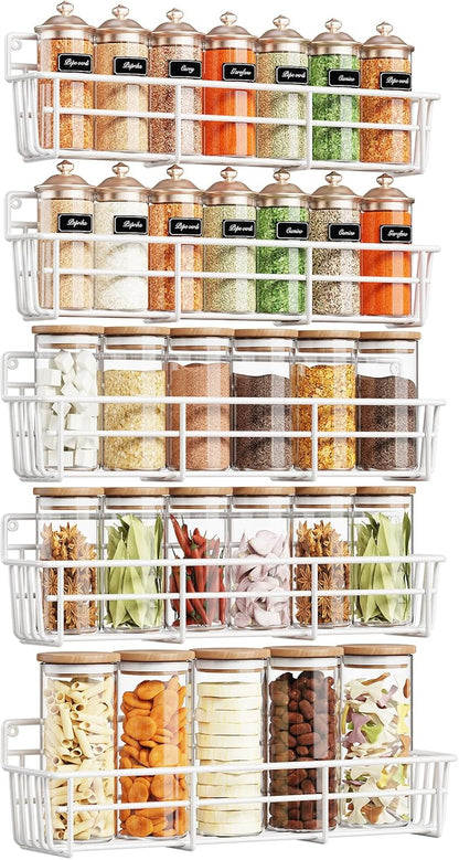 5 Pack Spice Rack Seasoning Organizer Wall Mount, Screw or Adhesive Hanging Shelf Basket Spice Organizer Shelf for Kitchen, White
