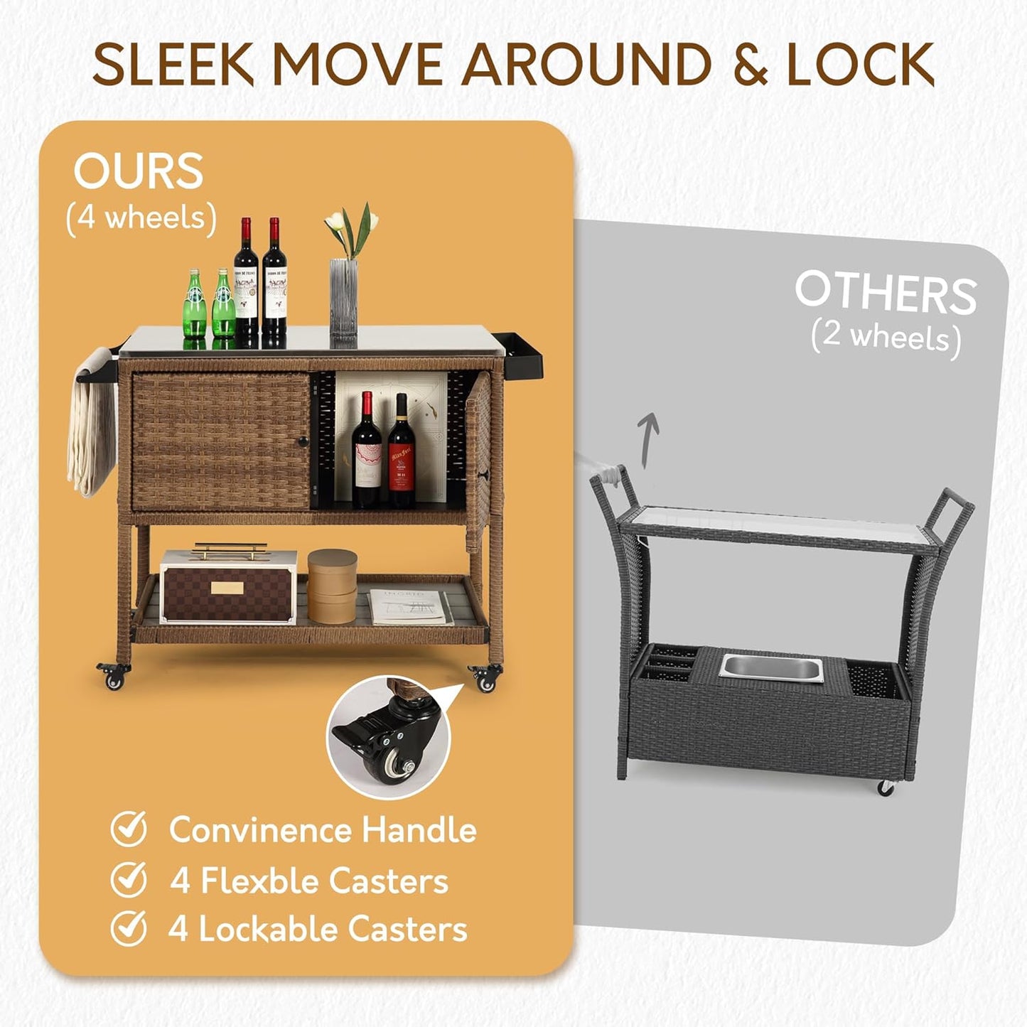 Wicker Outdoor Bar Cart with 4 Lockable Casters, Patio Prep Stainless Table with 2 Ratten Doors Storage Cabinet,Island Cart with WPC Shelf for Grill, Kitchen and Garden, Brown