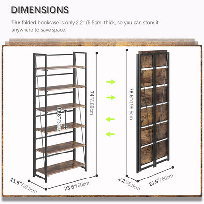 4NM No Assembly Foldable Bookshelf, 6-Shelf Collapsible Bookcase Storage for Small Spaces, 74" H, Rustic Brown and Black